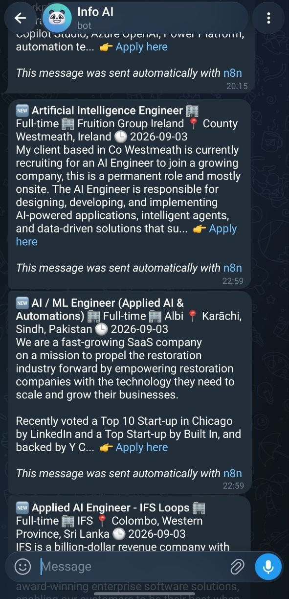 Telegram alert arriving on a phone, one message per job listing with the role title, company and a link